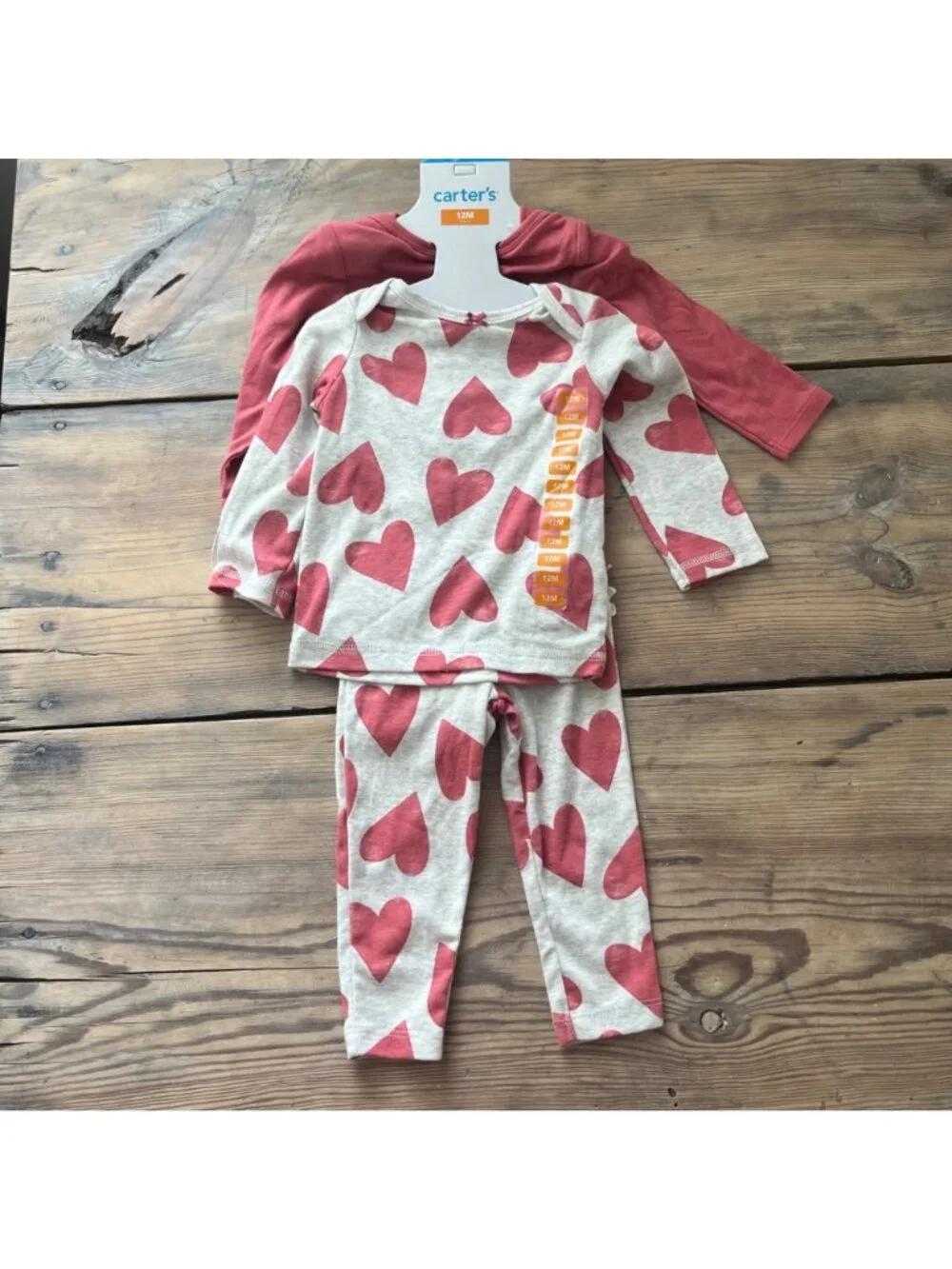 Carter's Pajama Set Baby 12Mos Pink Hearts Love Long Sleeve One Piece & Pants